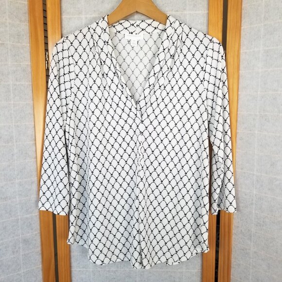 Charter Club Blouse Top 3/4 Sleeves Black Cream Print Pleated V-Neck Size PM - Picture 1 of 6